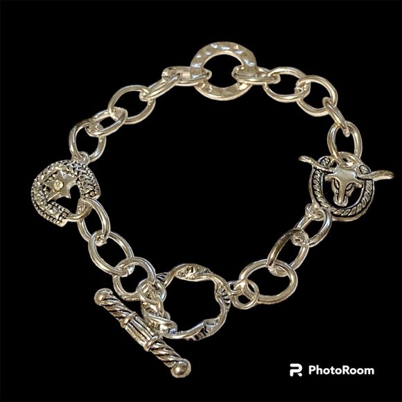 Vintage Horseshoe Steer Charm Bracelet Silver Plated Country Western Cowgirl 8" - Picture 1 of 11